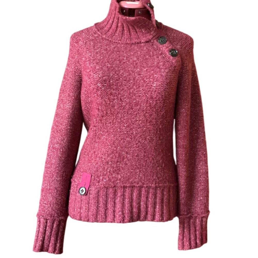 LOLE - Wool Magenta Button neck knitted Sweater - Medium